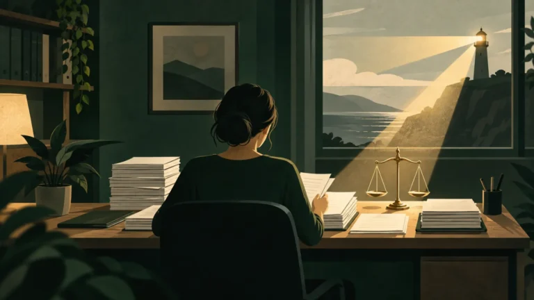 Mulher de costas organizando pilhas de relatórios sobre a mesa, com o facho do farol iluminando uma balança da justiça.